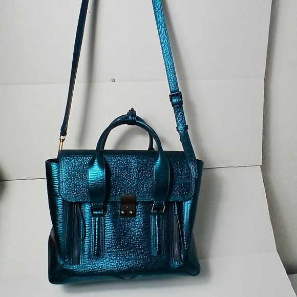 3.1 Phillip Lim Medium Pashli satchel bag in metallic blue embossed leather. - Picture 3 of 13